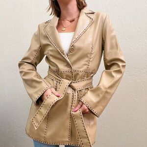 Y2K Wet Seal Tan Stitched Belted Faux Leather Blazer Coat Sz S Quiet Luxury Glam